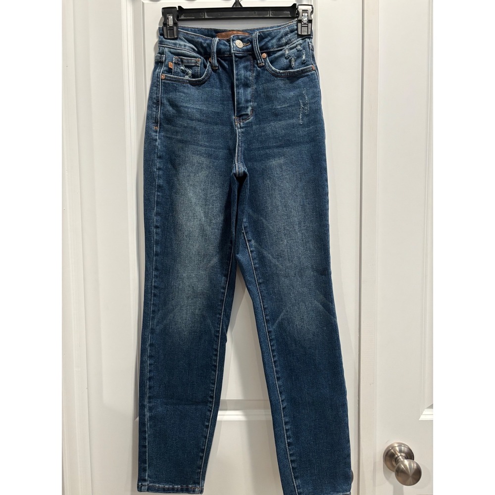 EUC Judy Blue Slim Fit Jeans Womens 0/24 Dark Wash Distressed High Rise JB88776